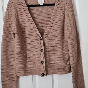 Women's Joie v-neck open weave knit crochet sweater Tan Size Medium